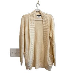 Merokeety Womens Cream Cardigan Size L Open Front Cable Knit Pockets Long Sleeve